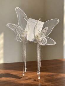 2pcs/Set Rhinestone Pearl Chain Butterfly Hair Clips, Double Layer Mesh Wings Tassel Edge Hair Accessories For Wedding Party Styling - Multicolor - View 3