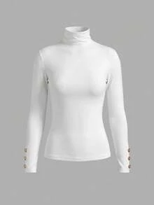 PoPoHouse Women's Autumn/Winter Basic Solid Color Sexy High Neck Long Sleeve Top, Metal Button Cuff Design Slim Fit Y2K Slim Fit Inner Layer T-Shirt - White - View 3