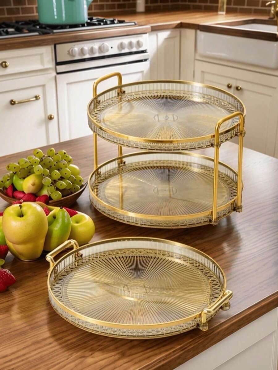 1pc Diamond Textured Double/Single Layer Tray With Handle, Modern Dual-Handle Tray, For Home - Gold - View 1