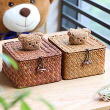1pc Vintage Straw Woven Storage Box With Lid, Bear Decoration, Handmade Woven Organizer Bin For Bedroom Desktop, Cosmetics And Sundries, Home Decor - Multicolor - View 4