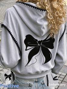 Lurzo Girls' Sweet & Playful Cute Colorblock Faux Shoulder Hooded Sweatshirt, Shell Trim & Butterfly Print Pullover Sweatshirt, Cute Loose Fit, Suitable For Daily Casual Wear - Grey - View 2