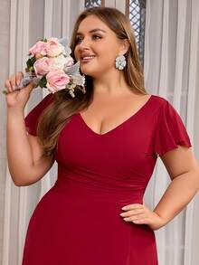Plus Size Women's Chiffon Slit Ruffle Short Sleeve Elegant Bridesmaid Dress - Burgundy - View 7