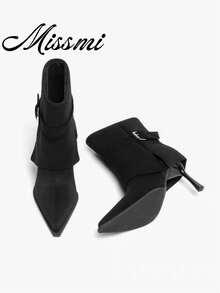 Square Toe Elastic Slim Boots 2025 New Autumn/Winter French Vintage Commute Elegant Fashion Versatile Soft Sole Boots - Black - View 1