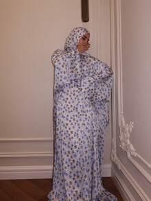 Women's Floral Print Abaya Set With Matching Hijab, Elegant Batwing Sleeve Long Dress, Modest Muslim Dubai Islamic Robe, Suitable For Daily Wear And Party - Multicolor - View 15