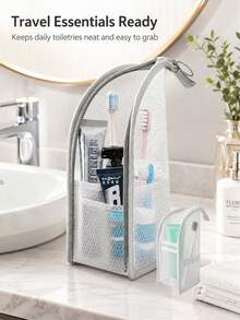 Black And White Plaid Toiletry Storage Bag, Multi-Functional Portable Hanging Organizer, Used For Sorting Toiletries, Waterproof And Moisture-Proof Bathroom Essential, Travel Necessity, Suitable For Beach Use, Cosmetic Storage - Multicolor - View 8