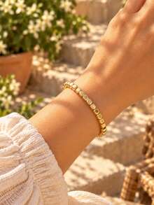 1pc Elegant Minimalist Gold Color Hematite Square Beads Bracelet, Gold Elastic Square Beads Bracelet, Versatile For Commuting, Niche Design, Gift For Best Friend, Birthday Gift - Gold - View 2