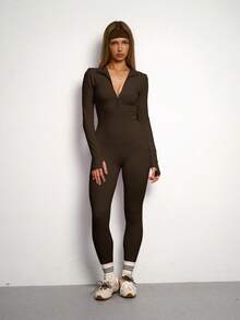 PinkTip Ribbed Knit Long Sleeve Sports Yoga Seamless Body-Hugging Moisture-Wicking Jumpsuit, Suitable For Pilates And Casual Sports Occasions - Brown - View 1