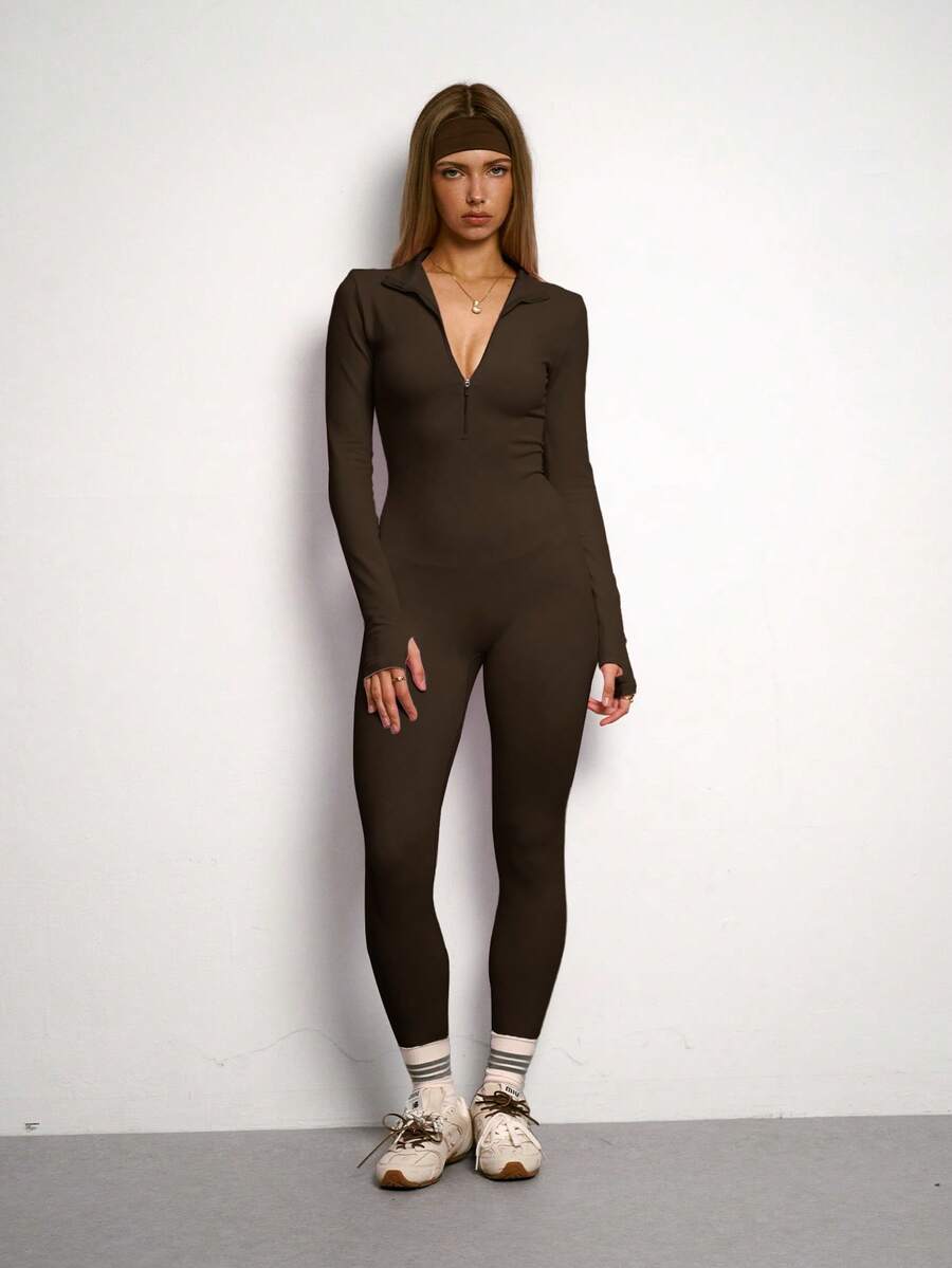 PinkTip Ribbed Knit Long Sleeve Sports Yoga Seamless Body-Hugging Moisture-Wicking Jumpsuit, Suitable For Pilates And Casual Sports Occasions - Brown - View 1
