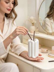 1pc INS Cream Style Minimalist Geometric Texture Pen Holder, High-Value Desktop Storage Bucket, Multi-Functional Makeup Brush Holder, Suitable For Vanity Makeup Storage Decor, Beauty Storage Solution, Home Decor Gift - White - View 6