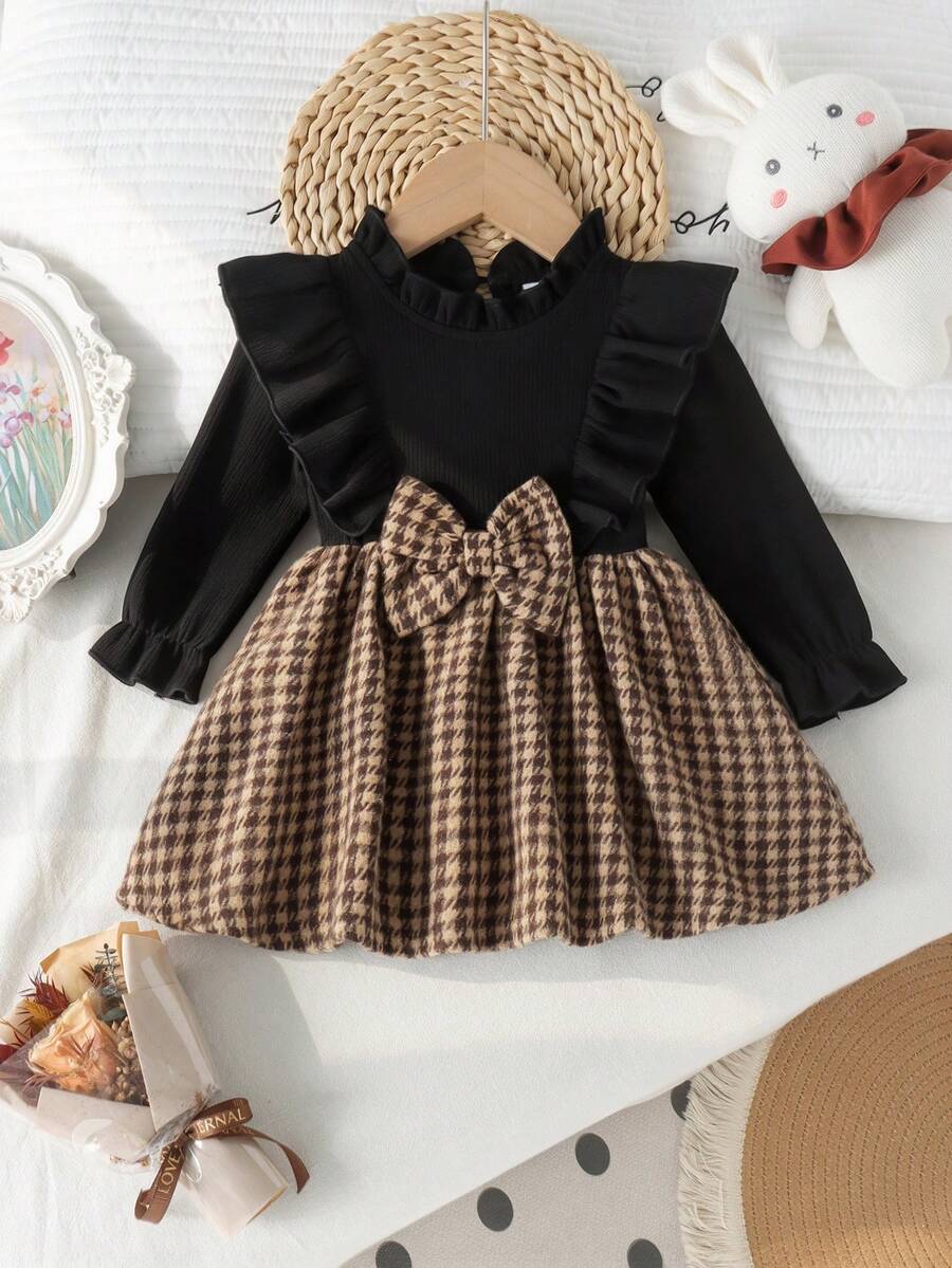 1 buah Gaun Bayi Perempuan Lucu Lengan Panjang Berkerut Bergaris Jacquard Kotak-kotak, Gaya Pesta Elegan, Musim Gugur/Dingin - Hitam - View 1