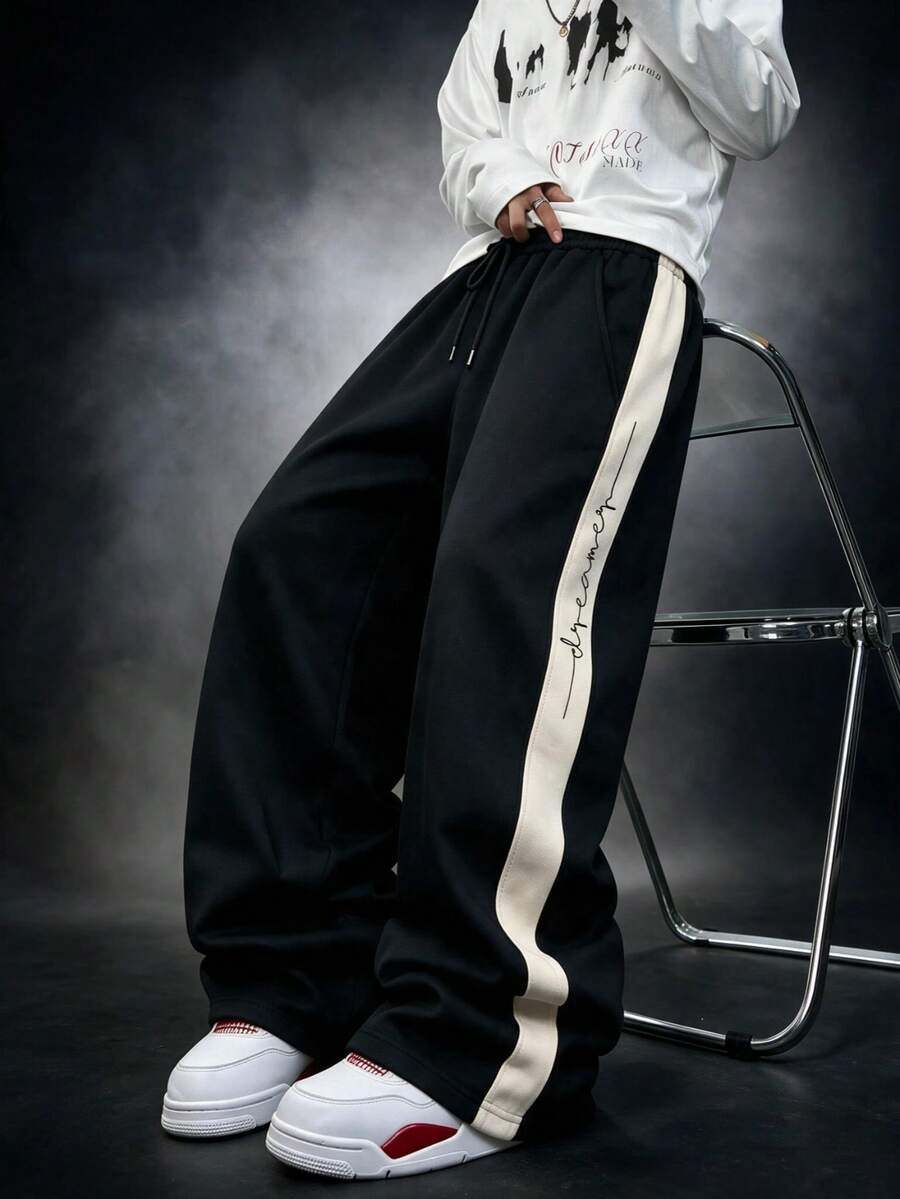 SU ER Men's Casual Drawstring Elastic Waist Loose Drapey Lazy Wide Leg Long Pants Summer - Black - View 1