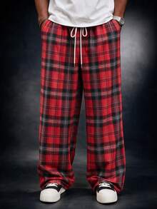 SU ER Men's Summer Casual Elastic Waist Drawstring Loose Drapey Lazy Wide Leg Plaid Curved Hem Long Pants - Red - View 1