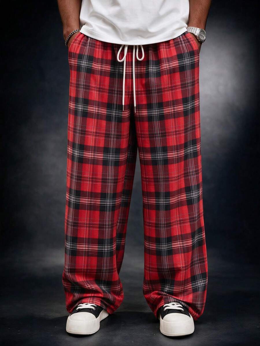SU ER Men's Summer Casual Elastic Waist Drawstring Loose Drapey Lazy Wide Leg Plaid Curved Hem Long Pants - Red - View 1