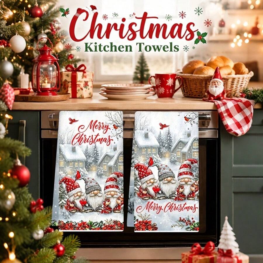 2pcs/Set, 18x26in Christmas Gnome & Red Flower Pattern Towel Set, Quick Dry Kitchen Cleaning Cloth, Soft Absorbent Towel Set, Kitchen Decor, Home Decor, Christmas Decoration, Christmas Gift For Friends. - White - View 1