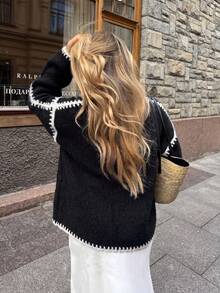 Plus Size Women's V-Neck Contrast Trim Knit Cardigan, Loose Drop Shoulder Buttonless Long Sleeve Sweater Jacket - Black - View 6