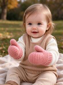 Infant Baby Girls Chunky Knit Mittens 0-24M Solid Pink Thick Gloves ...