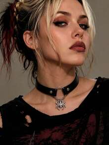 1pc Black PU Leather Y2K Choker Neck Strap For Women Layered Front O-Ring Drop Snap Buckle For Halloween Baddie Party Outfit - Black - View 2