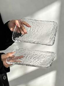 1pc Rectangular Transparent Glass Plate, All-Over Asymmetrical Ice Hammer Texture, Clear And Textured. Can Hold Fruit, Desserts, Snacks, Suitable For Afternoon Tea Display, Also Can Be Used As Storage Tray, Ins Minimalist Home Style - Transparent - View 4