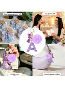 1 buah Gantungan Kunci Huruf dengan Rumbai Bola Bulu Ungu Lucu dan Liontin Gantungan Kunci Kupu-kupu, Cocok untuk Anak Perempuan, Digunakan untuk Tas Wanita, Dompet, Dekorasi Gantungan Kunci Mobil, Hadiah untuk Pacar - Purple - View 8