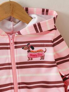 Girls' Striped Hooded Cardigan With Cute Cartoon Puppy Print, Zipper Front, Long Sleeve, Versatile Jacket For Daily Wear, School, Outings And Multiple Occasions - Pink - View 6