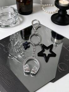 High-Quality 3D Silver Sports Earphone Keychain, Black Large Five-Pointed Star Bag Accessory, Suitable For Girls - Black - View 1