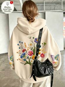 Áo nỉ hoodie vai trễ in hoa và bướm size lớn - Màu be - Xem 2