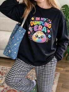 Cute Rainbow Dumpling Pattern Toddler Girls Long Sleeve T-Shirt, In My Dumpling Era Letter Print Crew Neck Top, Autumn Big Girls Casual Daily Top - Black - View 1