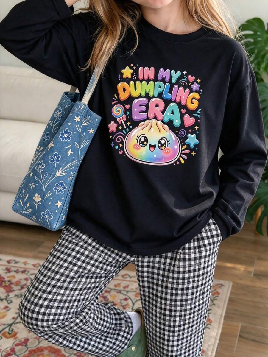 Cute Rainbow Dumpling Pattern Toddler Girls Long Sleeve T-Shirt, In My Dumpling Era Letter Print Crew Neck Top, Autumn Big Girls Casual Daily Top - Black - View 1