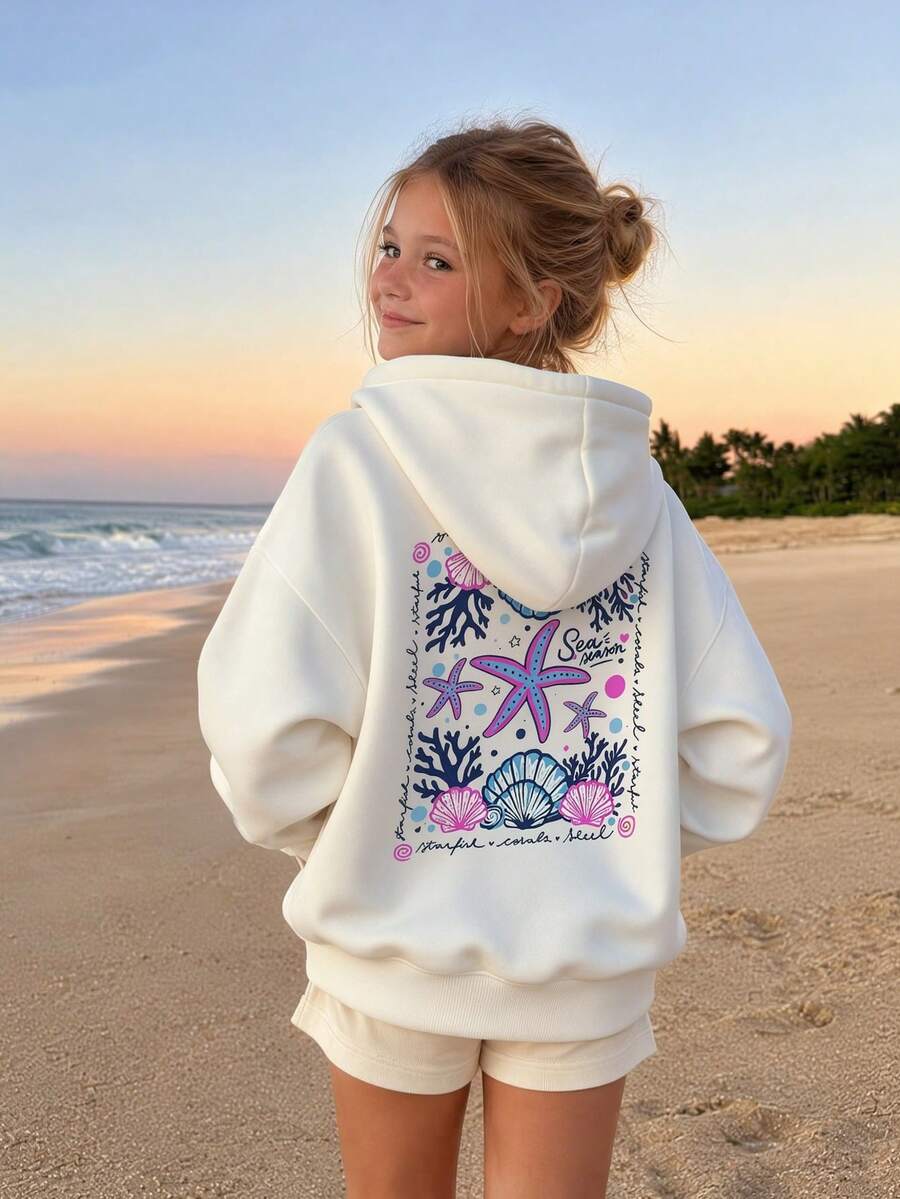 Starfish Shell Coral Print Girls Hooded Sweatshirt, Casual Long Sleeve Pullover Sportswear - White - View 1