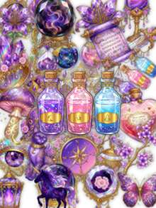 50Pcs Aesthetic Purple Galaxy Witch Decals, Glitter Celestial Crystal & Magic Potion Stickers For Scrapbook Layout, Planner Decor & DIY Stationery Craft - Multicolor - View 8