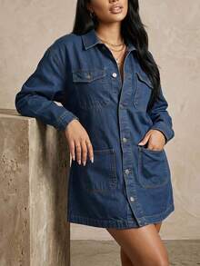 Women's Long Sleeve Single-Breasted Casual Pocket Long Denim Jacket - Blue - View 4