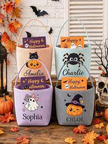 Personalized Custom Name Halloween Trick Or Treat Striped Fabric Tote Basket, Ghost Pumpkin Witch Hat Pattern, Customized Text Handle Storage Basket, Halloween Party Decoration - Multicolor - View 5