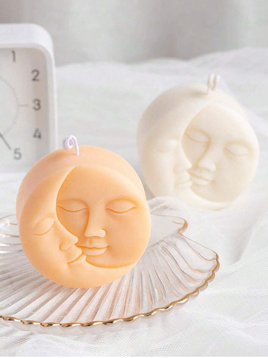 1pc Moon And Sun Pattern DIY Silicone Candle Mold, White Round Silicone Soap Mold, Suitable For Handmade Crafts - White - View 1
