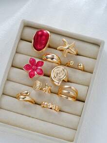 10pcs Simple Fashion Faux Pearl Flower Starfish Faux Shell Metal Asymmetrical Geometric Pattern Stacked Ring Set For Women, Vacation, Date, Gift, Daily Casual, Party, Wedding - Red - View 4