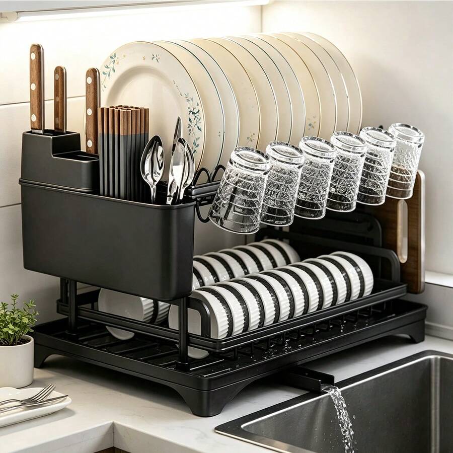2-Tier Dish Drying Rack - Large Metal Dish Rack With Drain Board, Glass Holder, Utensil Holder And Additional Drainage System - Kitchen Accessory For Efficient Dish Drying And Organization - Multicolor - View 1