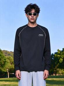 veidoorn Kaos Lengan Panjang Pria Warna Polos dengan Desain Motif Cetak, Atasan Lembut dan Nyaman, Untuk Olahraga Sehari-hari - Hitam - View 4