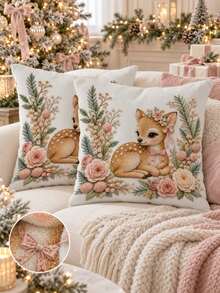 1pc Christmas Theme Plush Pillow Cover (Inner Core Not Included) - Holiday Home Decor, Featuring Christmas Deer, Bow And Flower Pattern Design, Suitable For Sofa, Bench, Living Room And Bedroom; Made Of Soft Fabric And Hidden Zipper Design; Suitable For All Seasons And Machine Washable. - Multicolor - View 1