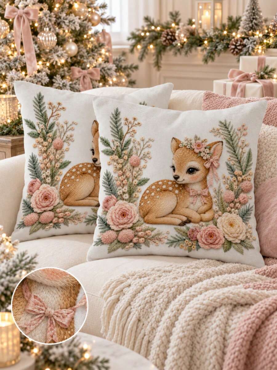 1pc Christmas Theme Plush Pillow Cover (Inner Core Not Included) - Holiday Home Decor, Featuring Christmas Deer, Bow And Flower Pattern Design, Suitable For Sofa, Bench, Living Room And Bedroom; Made Of Soft Fabric And Hidden Zipper Design; Suitable For All Seasons And Machine Washable. - Multicolor - View 1