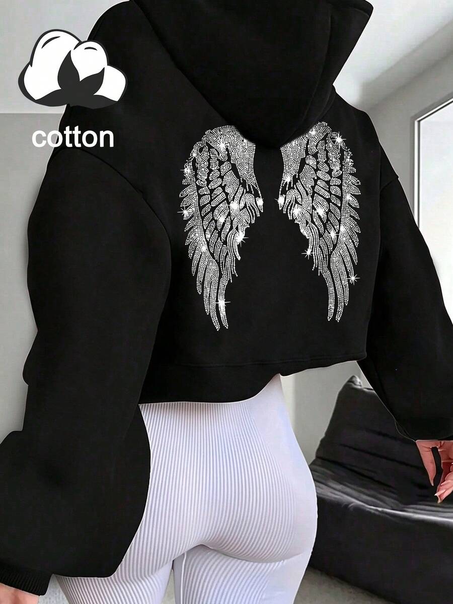 Sweat-shirt-shirt décontracté en coton à manches longues avec imprimé lettres et cordon de serrage pour femmes - Noir - Voir 1