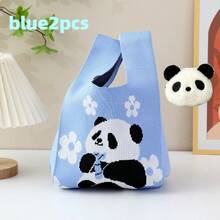 2pcs Multicolor Cute Panda Handbag With Panda Accessories, Large Capacity Knitted Woven Bag, Versatile Cartoon Tote Bag, New Holiday Gift Bag Souvenir - Multicolor - View 12