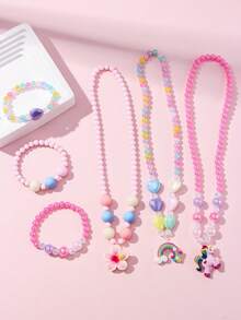 6pcs/Set Kalung & Gelang Liontin Unicorn Bunga Pelangi, Dengan Manik-Manik Warna-warni Acak - MultiWarna - View 8