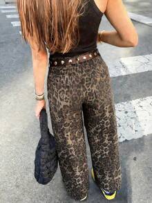 Y2K Street Retro Leopard Print High Waist Slanted Pocket Wide Leg Denim Jeans Classic Denim Long Pants - Brown - View 3