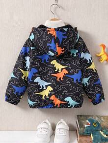 Boys' Cartoon Dinosaur Pattern Long Sleeve Hooded Zip-Up Jacket, Fleece Lined, Autumn/Winter Clothing, Essential Item For Autumn - Black - View 3