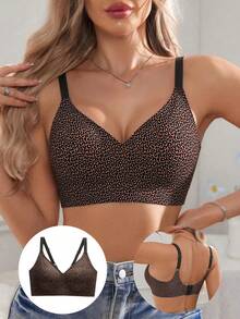 Leopard Print Seamless Push-Up Bra With Side Support For Women, Comfortable Casual Wear - Coffee Brown - View 1