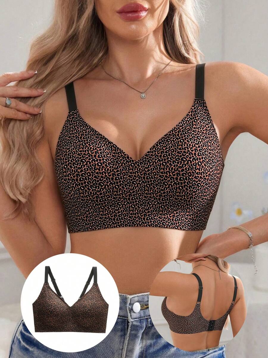 Leopard Print Seamless Push-Up Bra With Side Support For Women, Comfortable Casual Wear - Coffee Brown - View 1