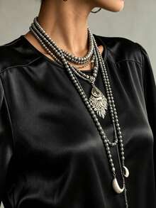 Women's Elegant Black Long Sleeve Shirt Dress, Black Lace Detail, Round Neck, Solid Color, Suitable For Casual Home Wear In Spring And Autumn - Black - View 3