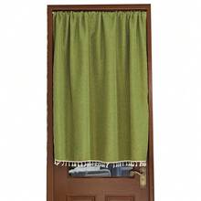 Sage Green Faux Linen Tier Curtain, Rod Pocket Boho Short Window Curtain With White Tassel Fringe, Farmhouse Privacy Cafe Curtain For Kitchen Door Cabinet - A - View 4