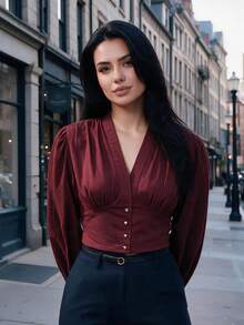 Women's Burgundy V-Neck Ruched Short Long Sleeve Blouse With Gathered Chest, Gold Button Design Puff Sleeve Short Shirt, Suitable For Autumn/Winter Daily Casual Commute, Outing And Dating - Redwood - View 9