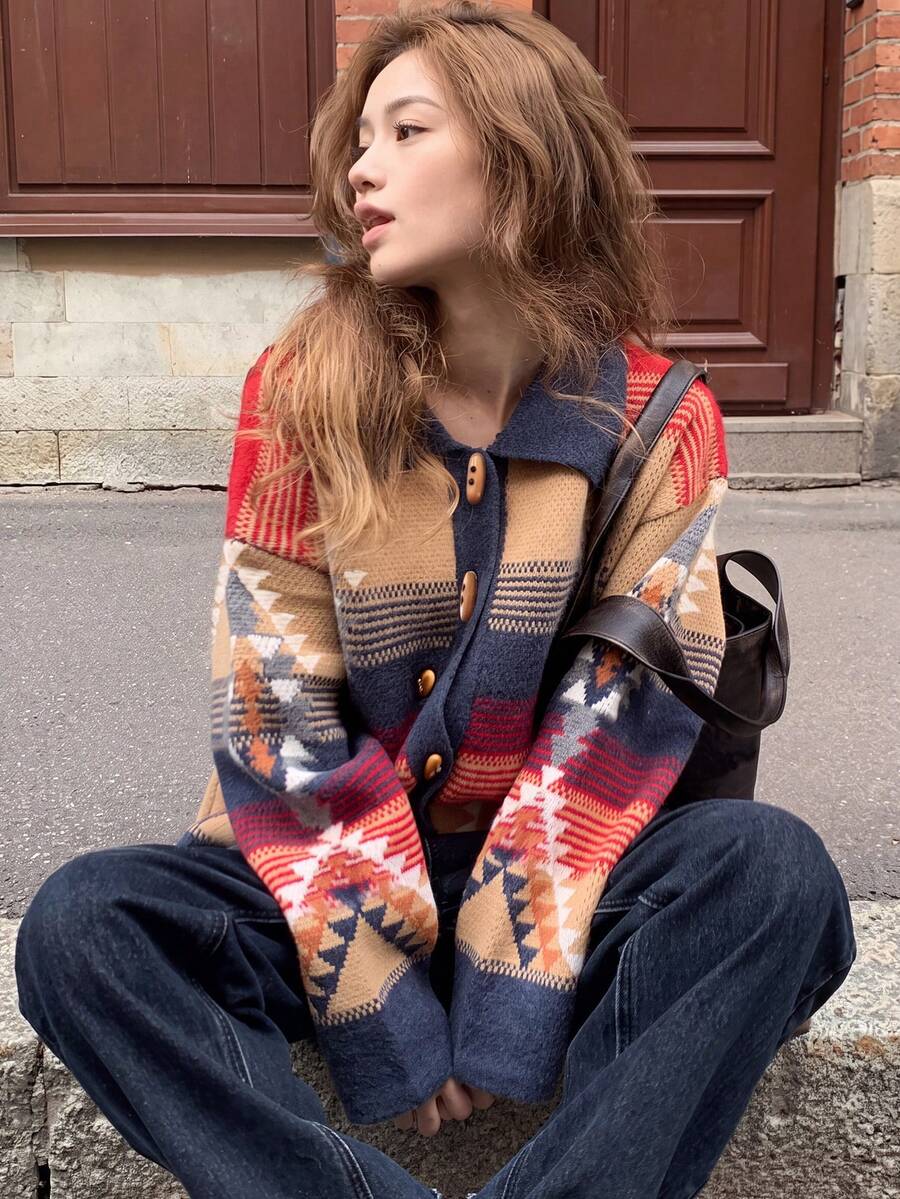 Alicedudu Women Vintage Contrast Color Geometric Pattern Lapel Cardigan, Casual Autumn/Winter Fall - Multicolor - View 1