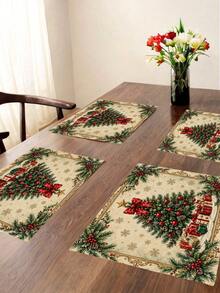 2/4/6 Pcs Christmas Tree Letter Solid Printed Placemats Vintage Polyester Rectangular Heat Resistant Table Mats For Christmas Dining Table Decor - Apricot - View 1
